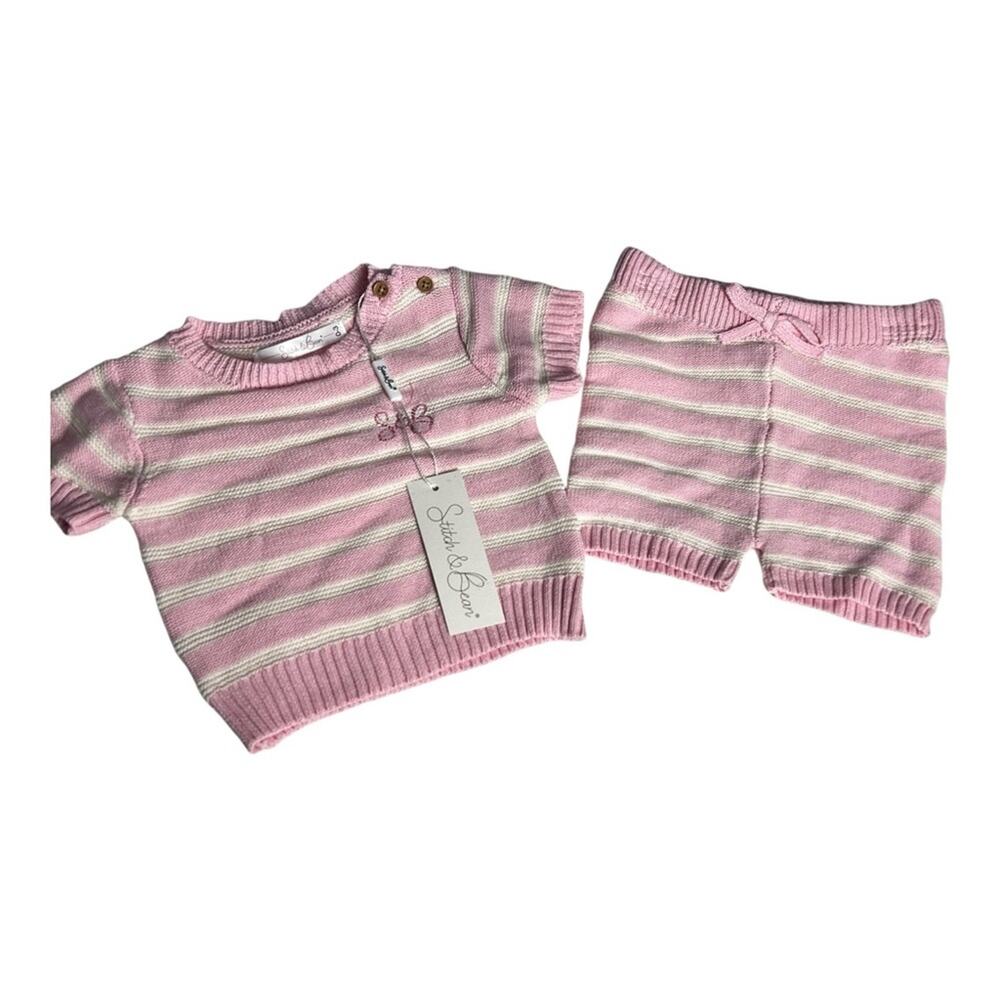 Stitch and Bean Baby Baby Pink & White Stripe Shorts Sweater Set Sz 0-3 NWT